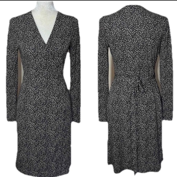 Ann Taylor Dresses & Skirts - Ann Taylor Animal Print Wrap Dress Size 10 Black & Tan Long Sleeve Knee Length